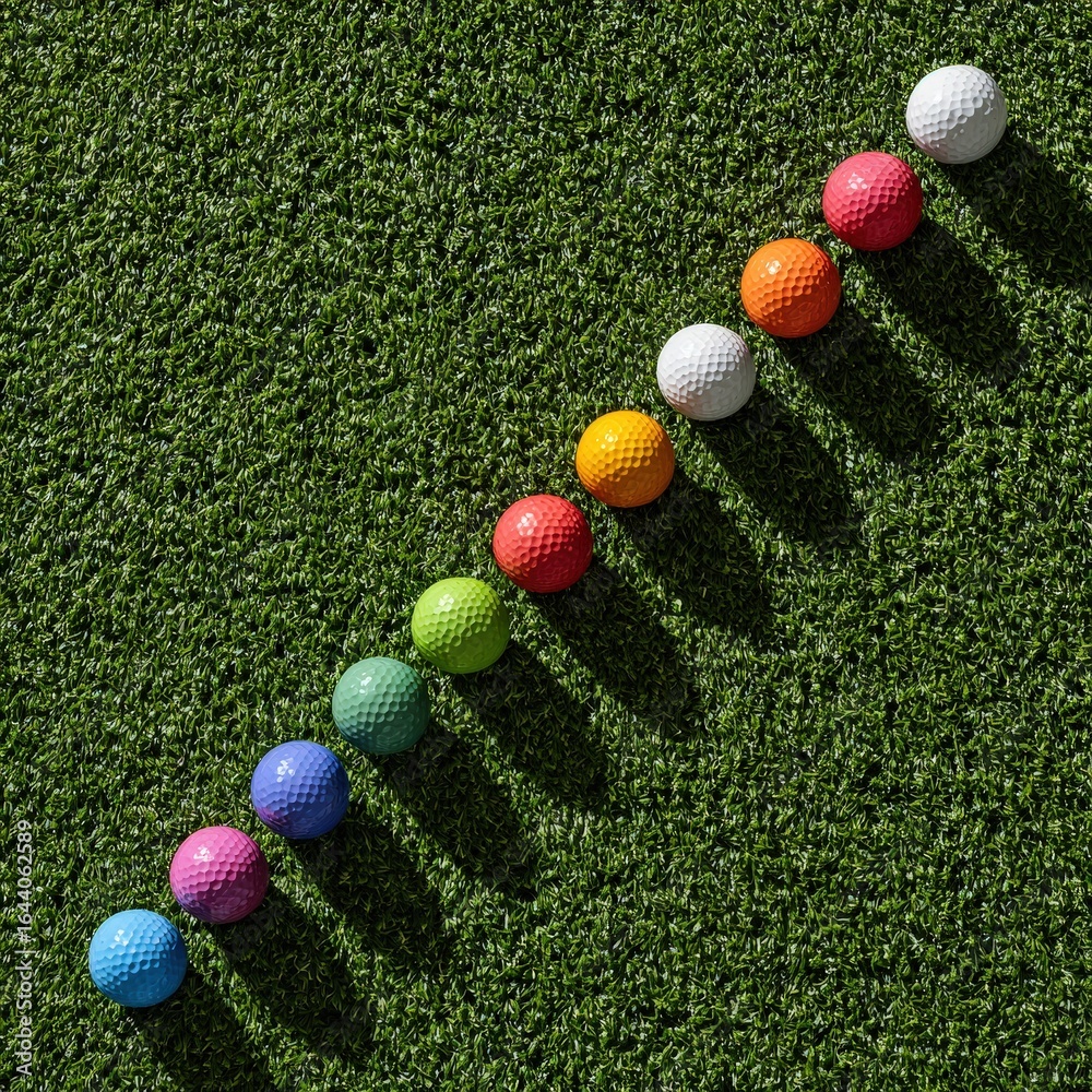 Naklejka premium Colorful golf balls arranged in a pattern on green grass during bright daylight