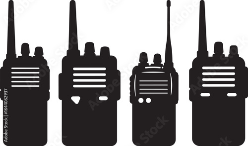 Four black walkie talkie radio communication devices shown in silhouette against a white background