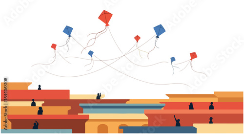 A minimalist illustration of silhouetted people on colorful rooftops flying red and blue kites in the sky.