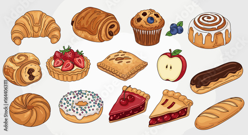 Illustration of various baked goods including croissants, pies, muffins, and other pastries displayed