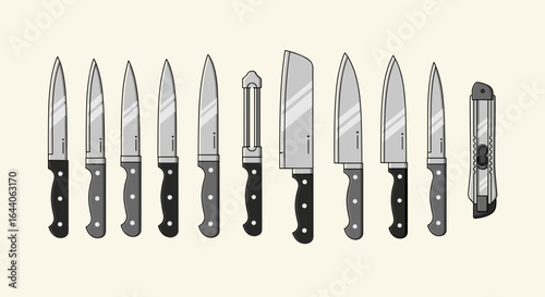 A collection of various kitchen knives including paring and chef knives and a utility knife displayed
