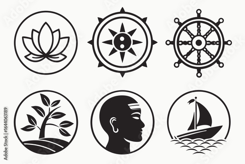 Collection of spiritual and cultural symbols including lotus, dharma chakra, wheel, tree, man, and boat