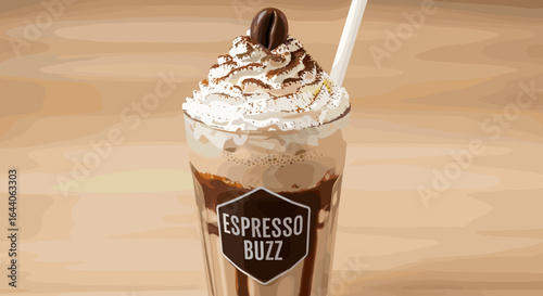 A delectable espresso buzz drink with whipped cream and a coffee bean on top in a tall glass cup