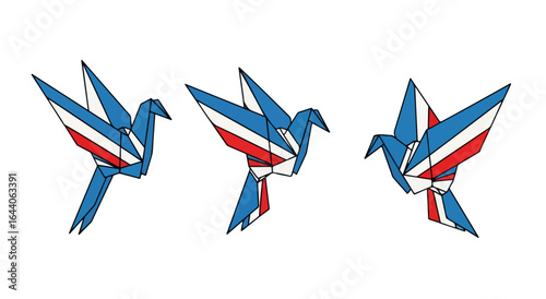 Three origami birds in flight, red, white, and blue, artistic paper craft.