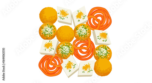 A festive platter of traditional Indian sweets like Laddu and Jalebi, viewed from above for Diwali or other celebrations.