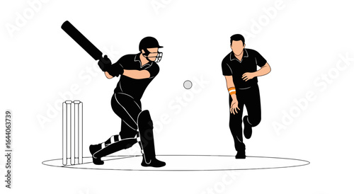 A batsman in full gear swings his bat, ready to strike the ball delivered by the bowler in this minimalist cricket illustration.