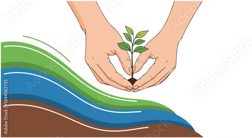 Gentle hands carefully cradle a young plant seedling, symbolizing growth and nurturing against a backdrop of layered earth and water.