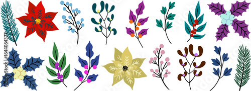 vector set of colorful winter plants and berries with poinsettia holly mistletoe leaves christmas floral decoration elements