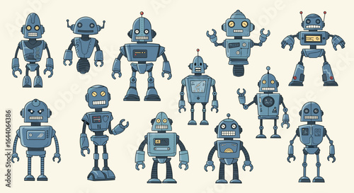 A collection of various cartoon robots with different designs and features standing upright together