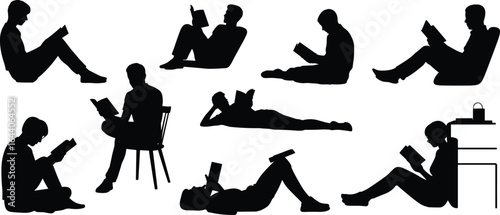 Silhouettes of people reading in various positions, sitting, lying down, or relaxing, students or book lovers in black vector illustration setSilhouettes of people reading in various positions, sittin