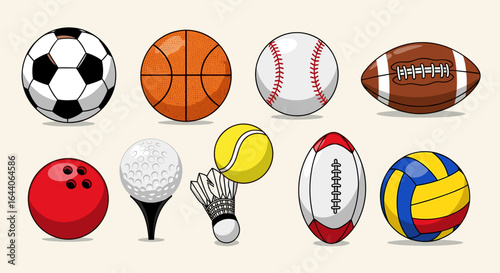 Illustration of ten different sports balls including soccer, basketball, and volleyball in a cartoon style
