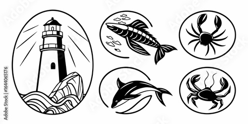 Nautical icons including lighthouse and marine life