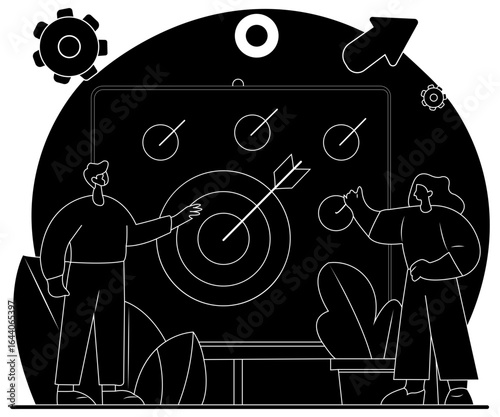 Minimal Filled Color Flat Vector Illustration of Manager Aligning Goals with Team