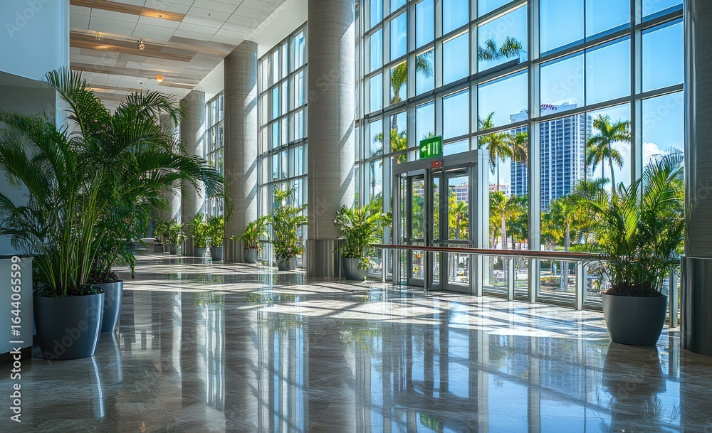 Fototapeta premium Interior Lobby with Palm Plants, Reflective Marble Floor, and Glass Wall with City View