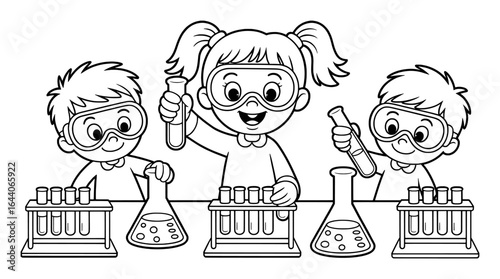 Children performing science experiment with test tubes and flasks learning education