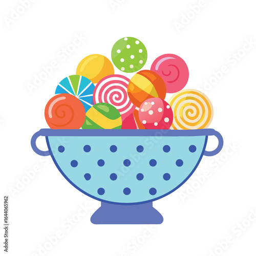 A colander brimming with a variety of colorful candies, vector icon on a white background.