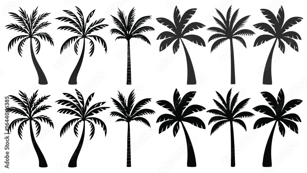 Fototapeta premium Silhouette Palm Tree Vector Set – Tropical Coconut Tree Icons for Beach, Summer, Travel, Paradise, Island, and Nature Design Elements in Black