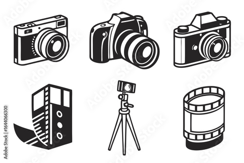 Set of photography and videography equipment icons isolated on white background