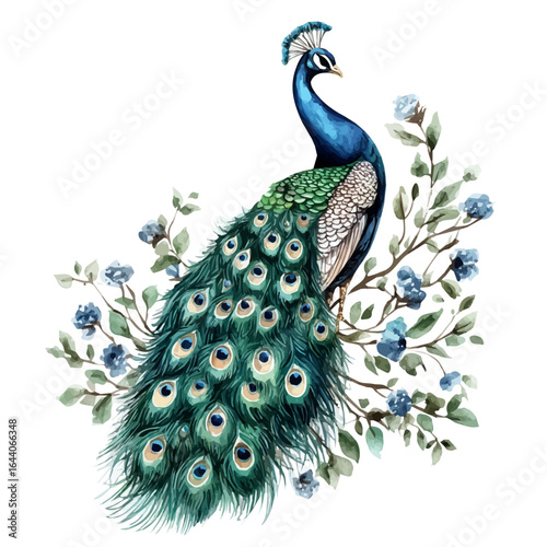 Peacock, watercolor drawing vector, isolated on a white background.