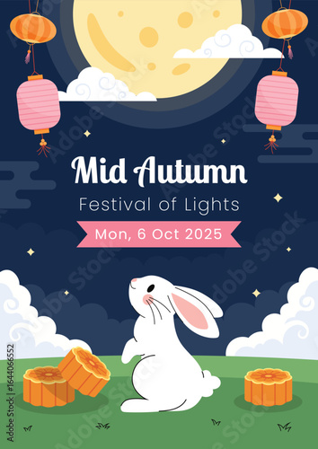Mid autumn festival celebration poster. Cute rabbits with delicious mooncakes and a full moon. Moon Festival.