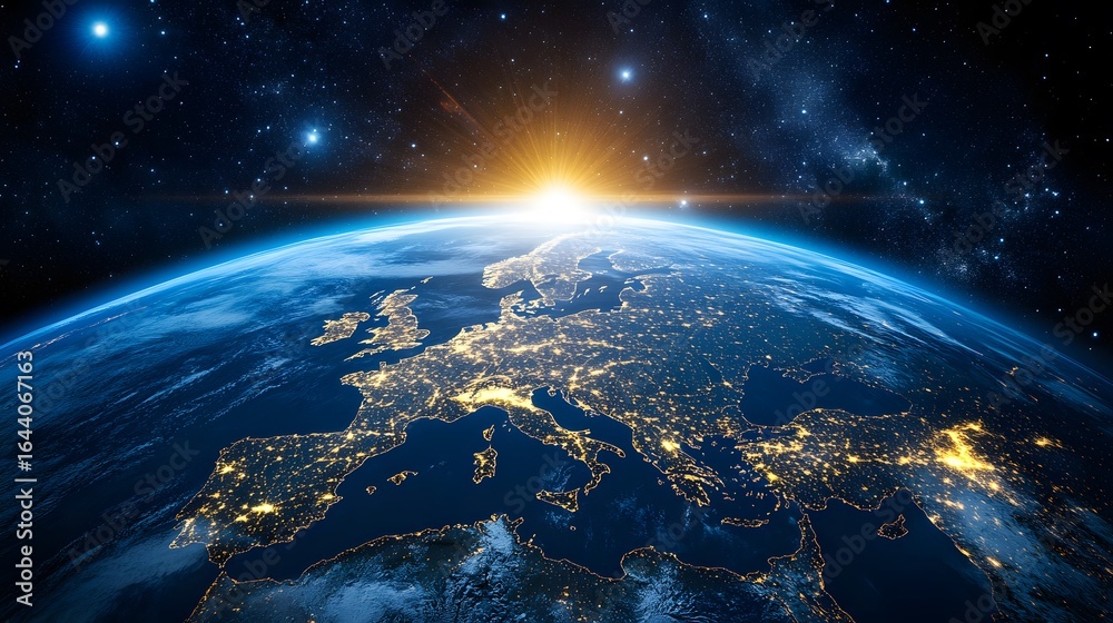 Fototapeta premium Stunning Earth Sunrise Space View Europe Night Lights