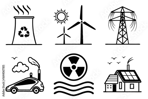 Energy and environment icons including nuclear, wind, solar, car, isolated on white