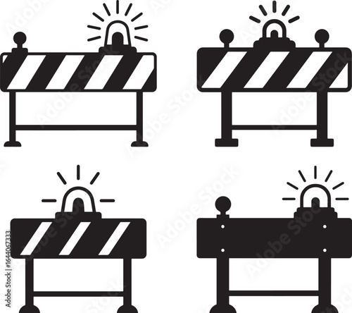 Four construction barricades with flashing lights in a silhouette style