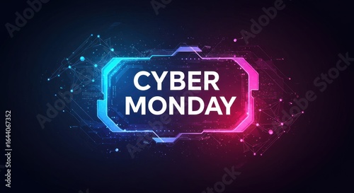 Cyber Monday text on a futuristic glowing hexagonal frame with digital circuit patterns
