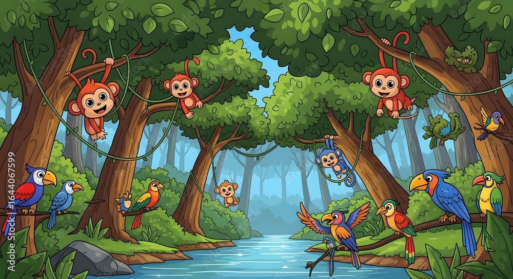 Obraz premium Whimsical cartoon jungle scene featuring playful monkeys and colorful birds by a serene river.