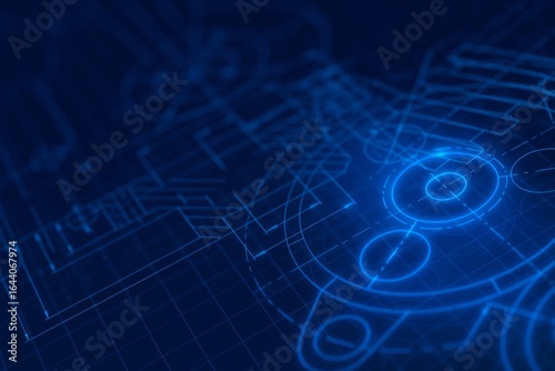 Blue Technical Blueprint Design with Geometric Shapes and Intricate Engineering Plans