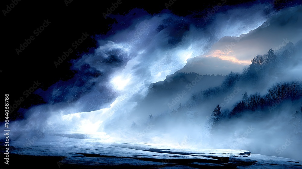 Fototapeta premium Mystic mountain fog sunrise landscape, digital art