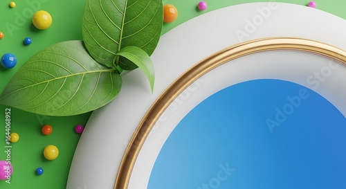 A vibrant 3d rendering of a green background with leaves, a blue circle, and colorful decorations creating a fresh and artistic design