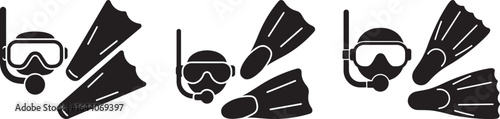 Collection of scuba diving and snorkeling equipment in a distinctive silhouette style