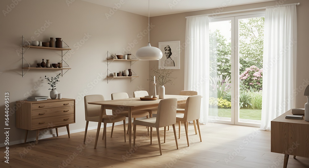 modern living room with white oak table and beige chairs. modern living room with white oak table and beige chairs.
