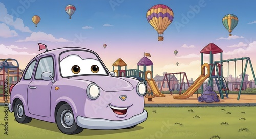 A playful cartoon car smiles in a park with hot air balloons and playground equipment around it.