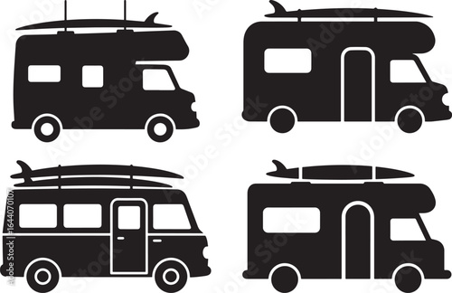 Four black camper van silhouettes with surfboards on roof racks silhouette