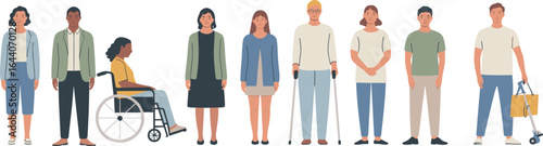 Diverse people standing together, disability inclusion vector illustration, multiracial characters with visible disabilities, inclusive community, accessibility, flat cartoon style