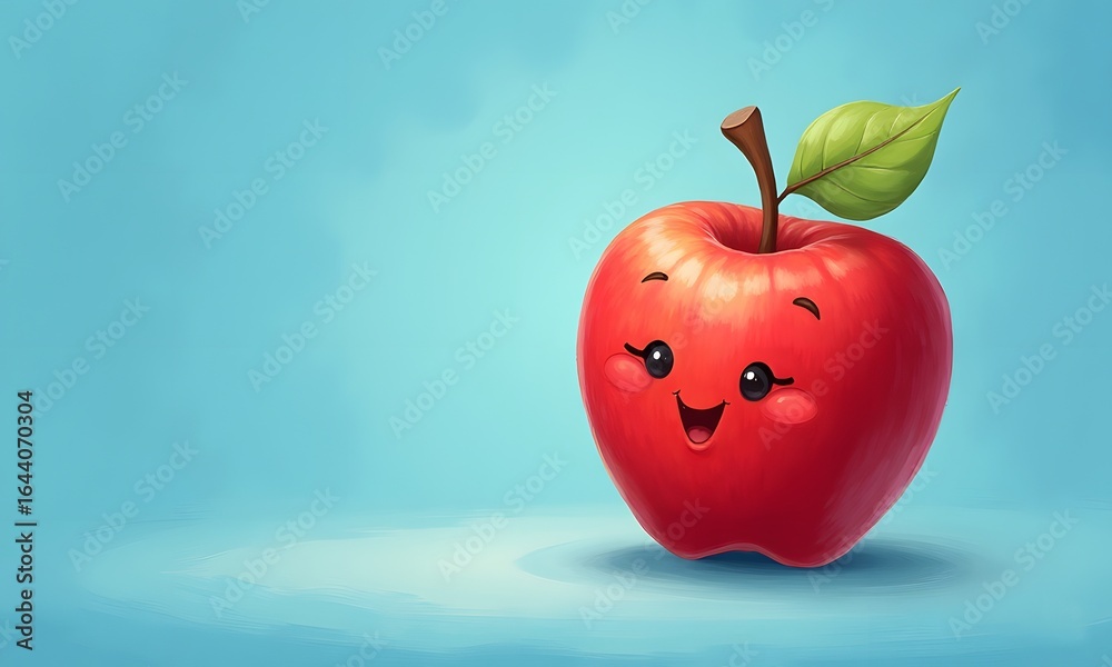 Obraz premium Happy Cartoon Apple Smiling Against a Light Blue Background