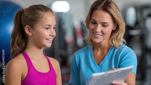 children health report concept. A fitness coach and a young girl share a smile while reviewing a clipboard in a gym setting, highlighting motivation and guidance.