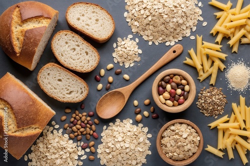 Assorted whole grains, pasta, nuts, and bread slices arranged on a dark surface