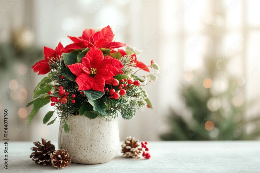Fototapeta premium Poinsettia plant in a pot. Christmas Star flower. Festive red and golden holiday background with decorations and presents. The background is blurred. Traditional Xmas winter festive red flowers.