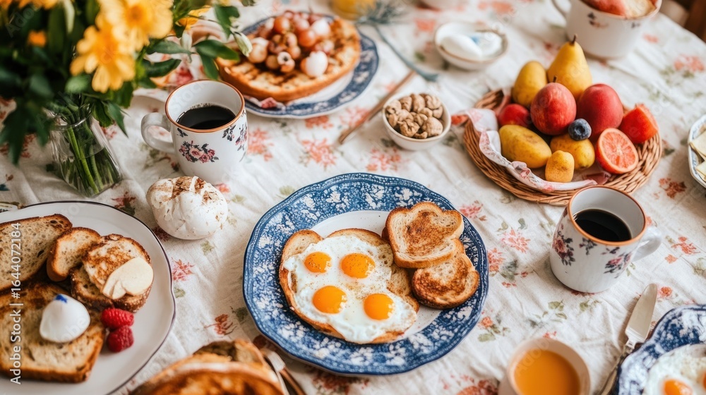 Fototapeta premium Brunch spread with eggs, toast, fruits, and coffee