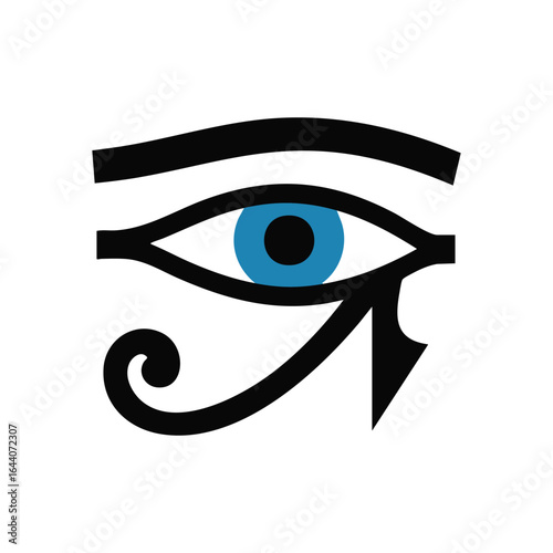 Eye of Horus Ancient Icon. This potent Egyptian emblem represents good fortune, royal authority, and overall well-being. It features a bright blue iris.