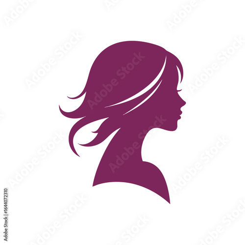 Elegant Woman Profile Silhouette. This graceful feminine portrait, showcasing sleek hair and a refined facial contour, features a deep plum color on a stark black setting. It embodies sophistication.