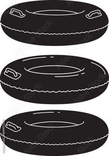 Three black inflatable river tubes for summer water recreation activities silhouette