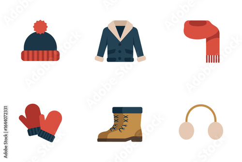 Cozy winter wear collection, knit hat blazer jacket long scarf gloves boots ear muffs, seasonal wardrobe vector, fashion illustration