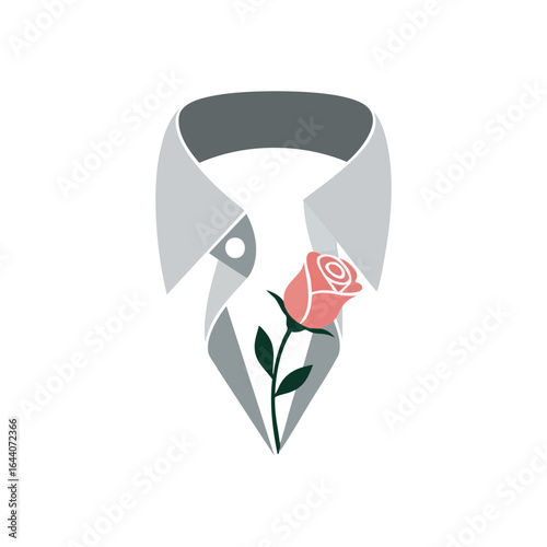 Elegant Rose and Formal Collar. Sophisticated minimalist illustration of a delicate pink flower on a stylish grey shirt. Symbolizes elegance, love, and special occasions.