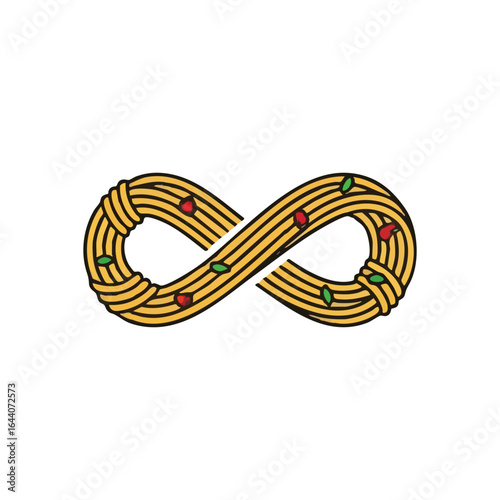Endless Pasta Symbol. This unique graphic displays a perpetual loop made from golden strands, accented with red and green elements. It embodies a lasting passion for delicious meals.