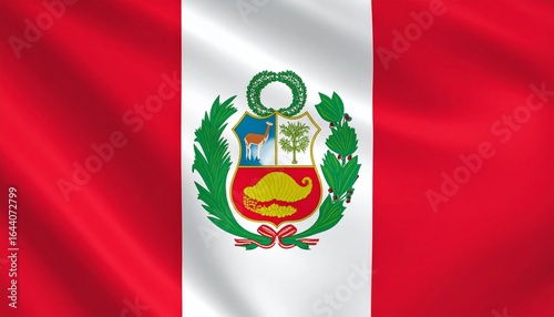 Flag of Peru with vertical red-white-red stripes and central coat of arms featuring vicuña, cinchona tree, and cornucopia.