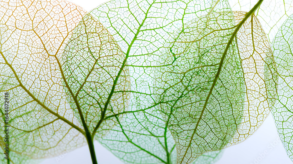 Obraz premium Delicate skeleton leaves with intricate veining in green and amber hues leaf veins macro